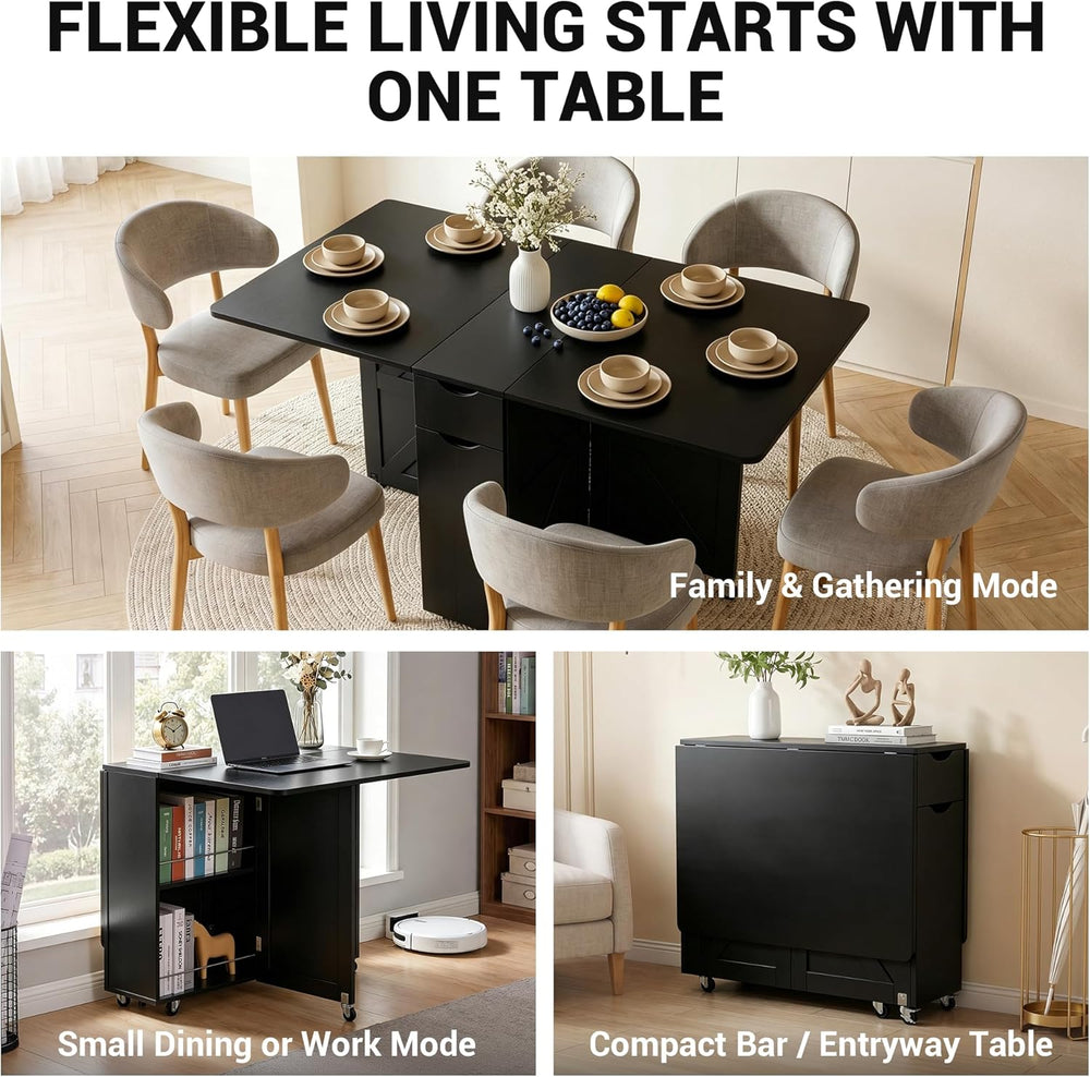 Folding Dining Table with Drawer and Storage Shelves, 53" Space Saving F...