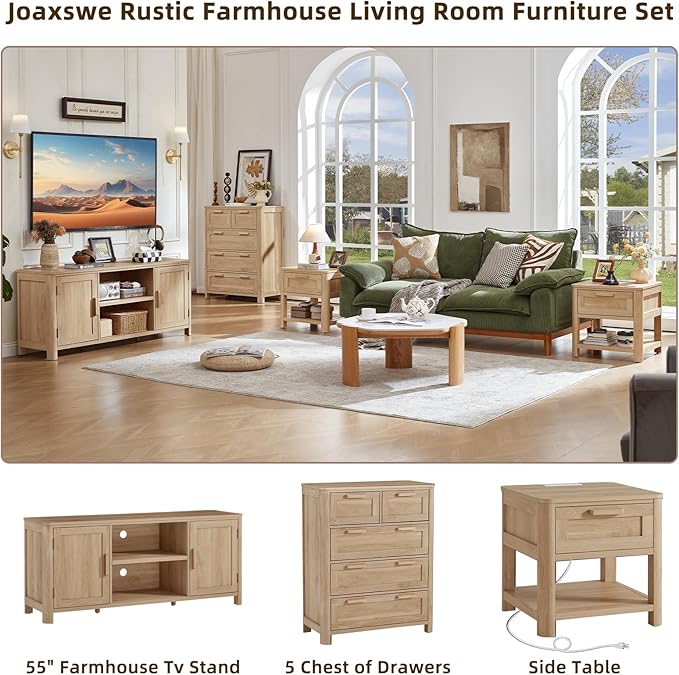 Farmhouse 55" Entertainment Center, Natural Oak Tv Stand with Adjustable Shelves & 2 Door Storage,Wood Media Console Cabinet for TVs Up to 65 inches, Rustic Tv Stands for Living Room,Bedroom