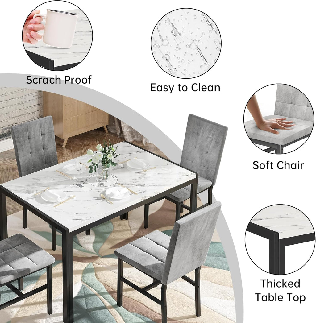 DKLGG 5-Piece Dining Table Set for 4, Faux Marble Kitchen Table Chairs Set of 4 with Upholstered Chairs, Modern Dining Room Table Set for Small Spaces (White+Tufted Grey)