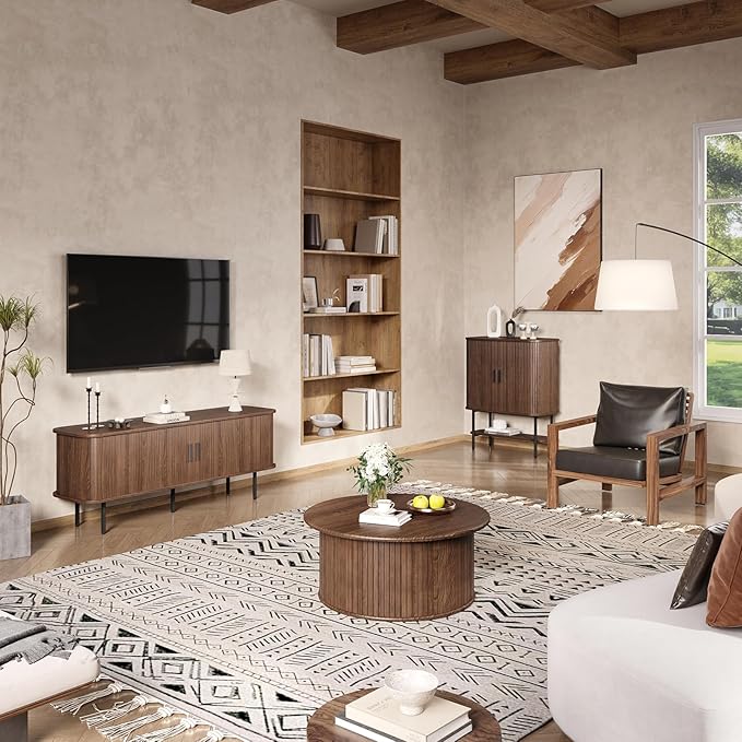 55''W Modern TV Stand Cabinet with Storage for TVs up to 60 Inch, Fluted TV Entertainment Center with Slatted Tambour Doors, Media Console for Living Room, Entryway, Walnut