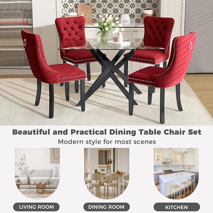51 Inch Glass Dining Table Set for 4, Rectangular Glass Kitchen Table with 4 Upholstered Velvet Accent Chairs, 5 Piece Modern Dining Room Set, for Home, Apartment, Small Spaces - Red Black