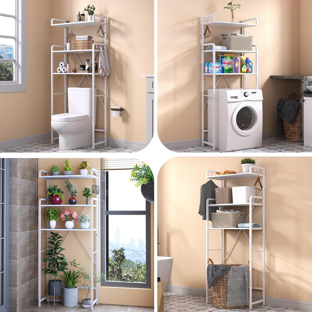 Over The Toilet Storage Rack with 3-Tier Bathroom Shelves, Space Saver Toilet Shelf, Bathroom Storage Organizer with Hooks for Over Toilet Storage and Bathroom Shelf (White Faux Marble)
