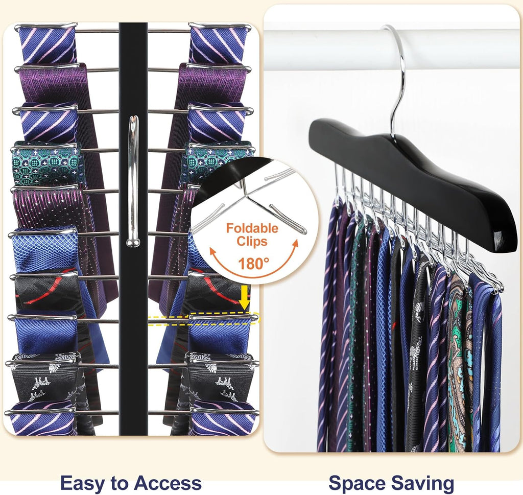 TOPIA HANGER Tie Rack Hanger for Closet, Wooden Tie Organizer for Men with 24 Folding Hooks, Space Saving Necktie Holder for Storage and Display Bra, Tank Top, Camisole (1-Pack), Black- CT14B