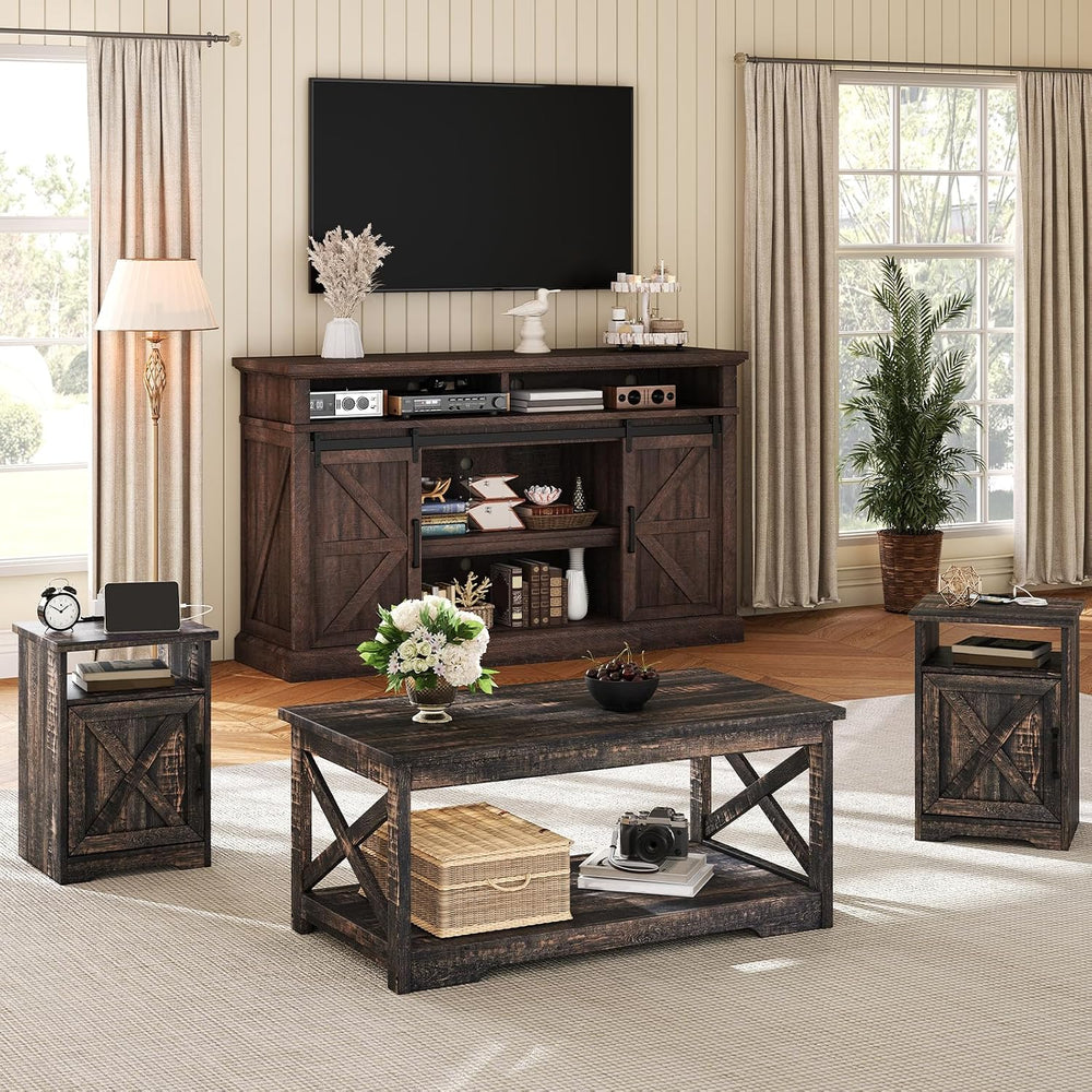 AMERLIFE 4-Piece Living Room Table Set with 66" TV Stand, Barnwood | Cof...