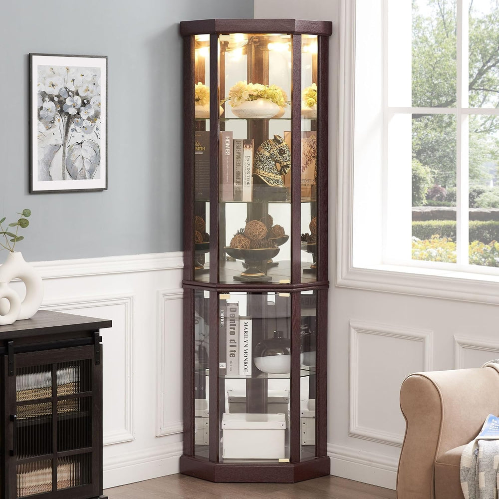 70" H Lighted Corner Curio Cabinet, Glass Display Cage with Tempered Gla...