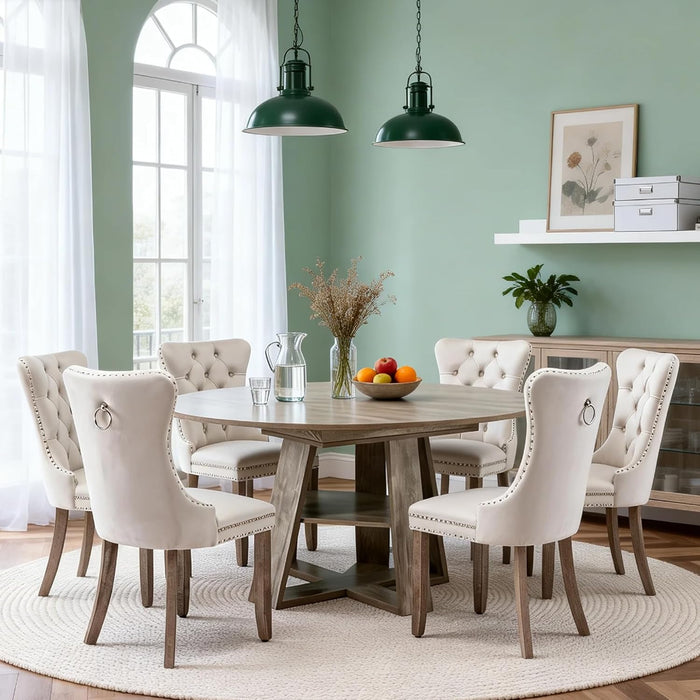 7-Piece Round Dining Table Set for 6, 43.3"-59" Extendable Round to Oval Kitchen Table Cushion Chairs Set of 6，Farmhouse Space Saving Dinner Tables Set with Storage Shelf Base for Small Apartment