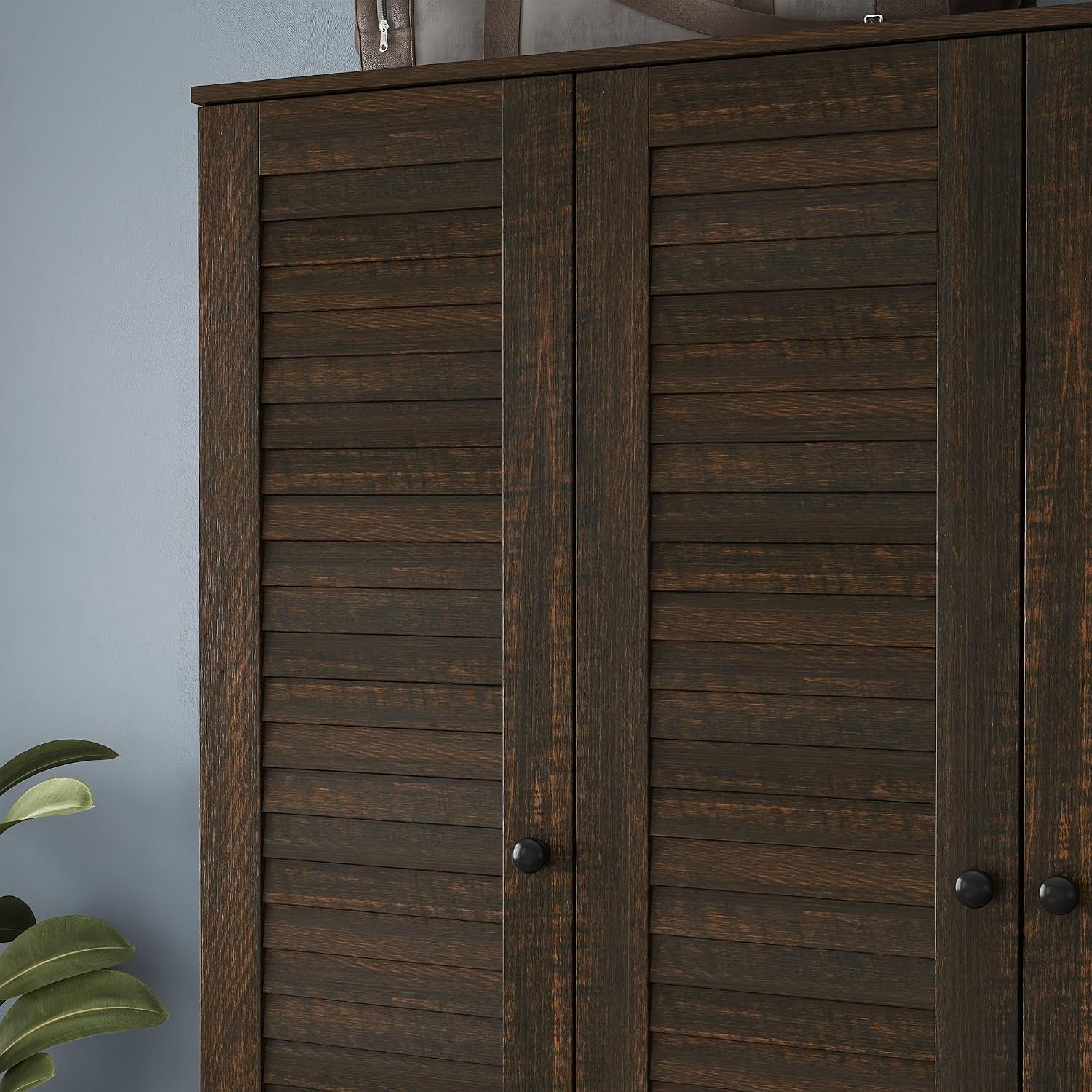 Almirah for Clothes, Tall Brown Bedroom Storage Wardrobe Closet Cabinet with Louvered Doors and Shelves, Large Wide Standing Wardrobe Clothes Closet with Hanging Rod and Drawers for Bedroom