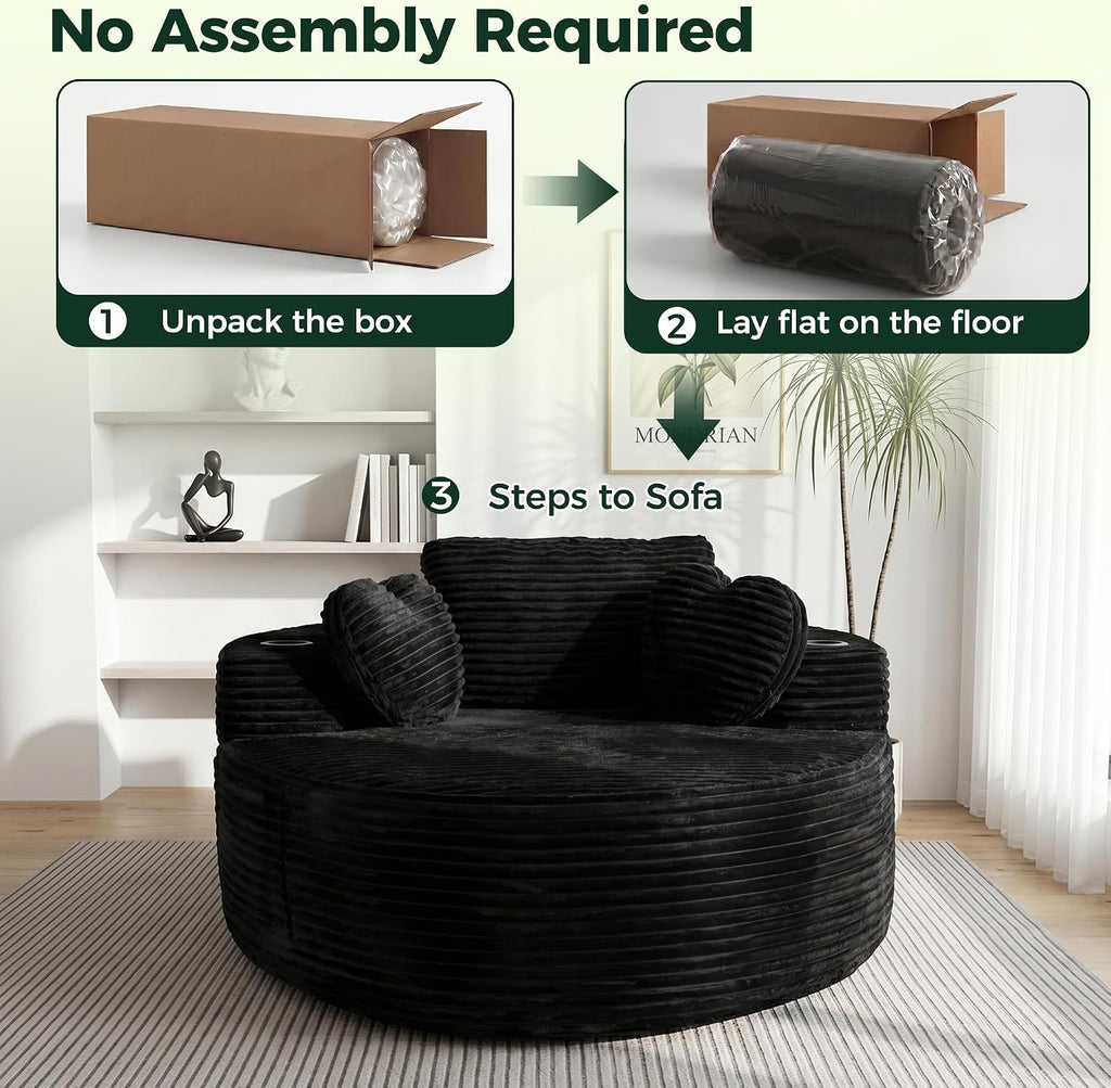 56''Oversized Round Chair Lounge Chaise Indoor with Cup Holders & Side Pocket, Corduroy Cloud Circle Single Boneless Deep Seat Chair, Modern Comfy Floor Sofa with Heart Pillows for Living Room,Bedroom