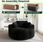 56''Oversized Round Chair Lounge Chaise Indoor with Cup Holders & Side Pocket, Corduroy Cloud Circle Single Boneless Deep Seat Chair, Modern Comfy Floor Sofa with Heart Pillows for Living Room,Bedroom