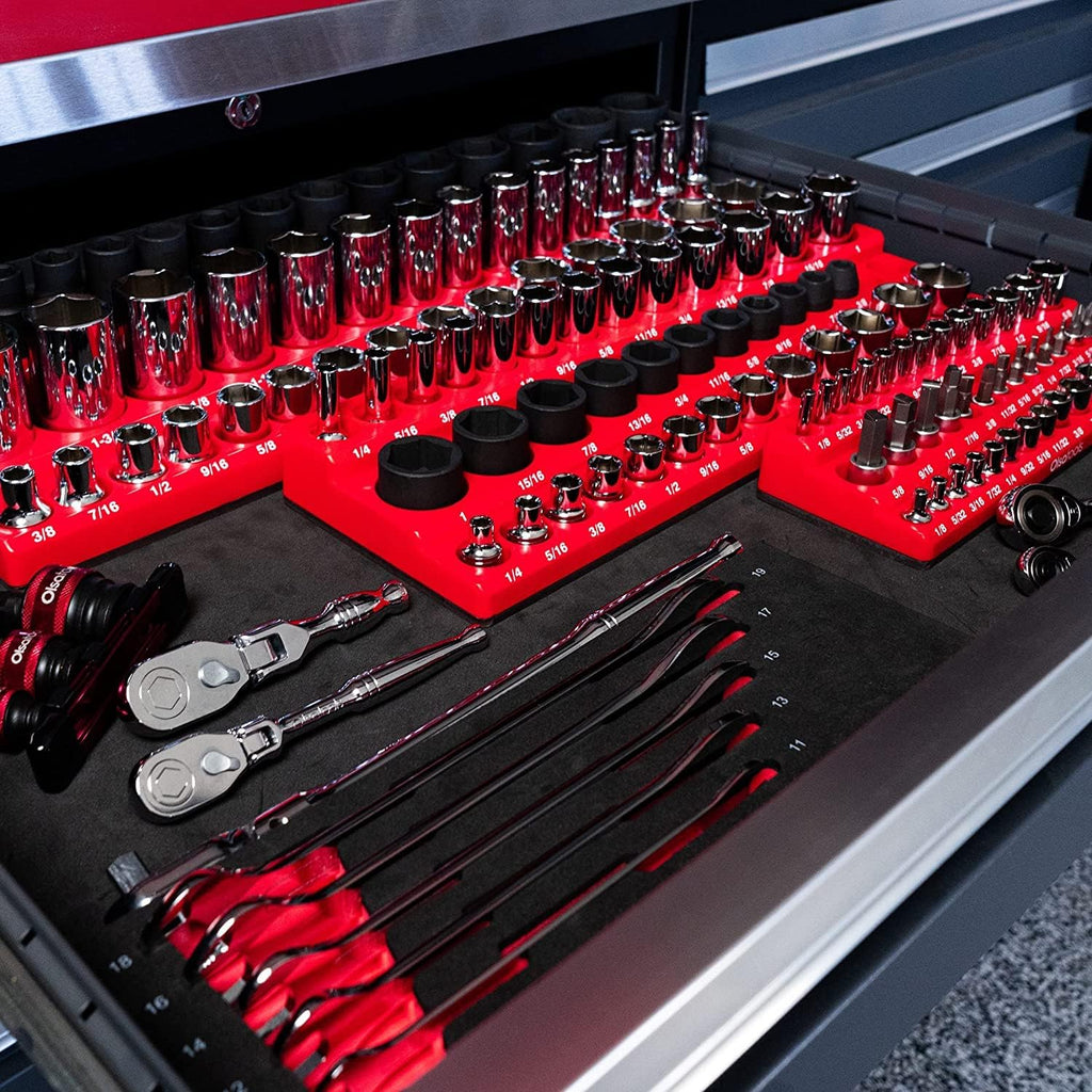 Olsa Tools Magnetic Socket Organizer (1/4-Inch Drive, 3 Row) - Magnetic Tool Organizer & Socket Holder - Tool Box Socket Organizers - SAE Red - Holds 39 Sockets - Professional Grade - Part: 1545