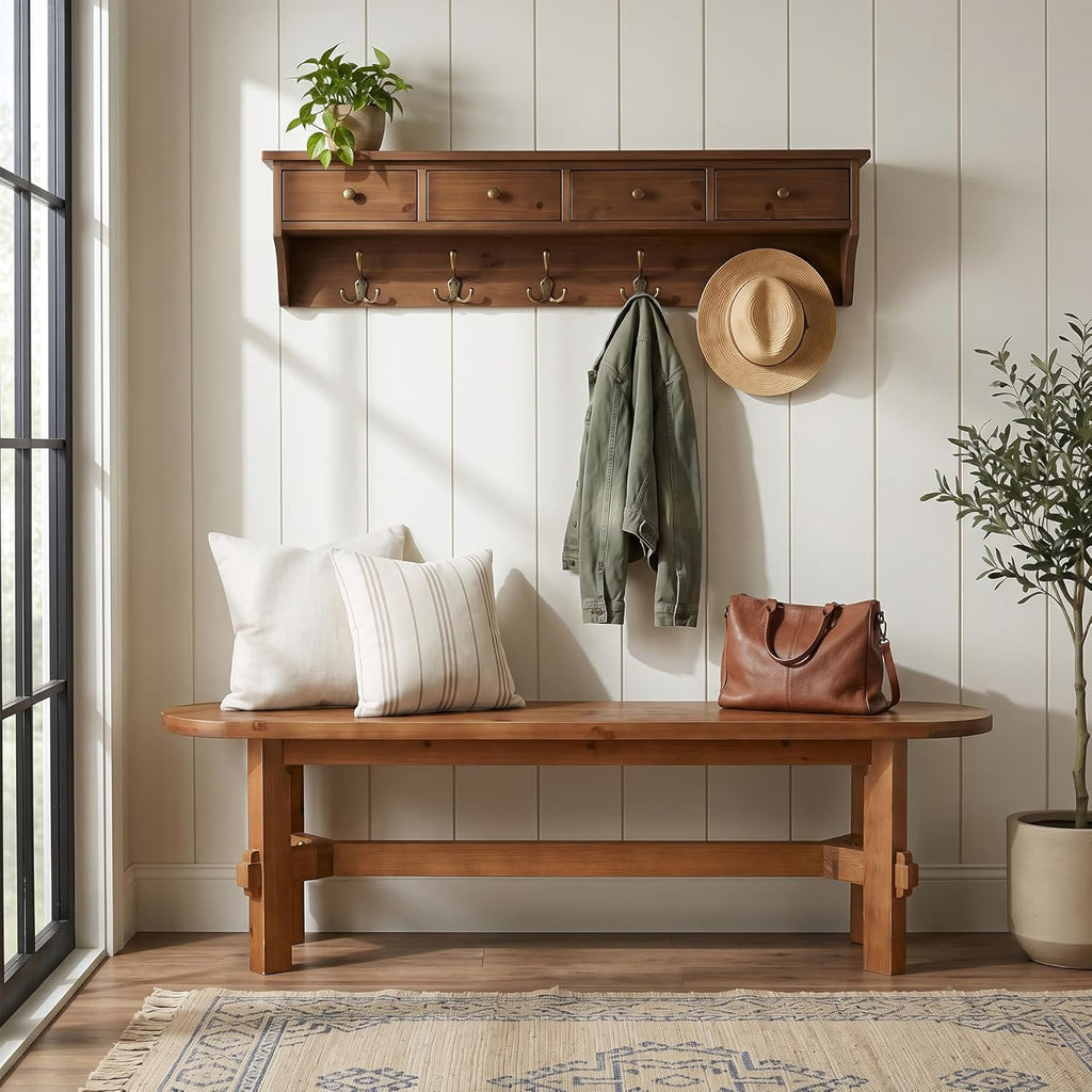 Solid Wood Dining Bench, 55" Wooden Entryway Bench with Thick Block Seat, Farmhouse Rustic Indoor Bench for Dining Table, End of Bed, Hallway, Bedroom, Living Room