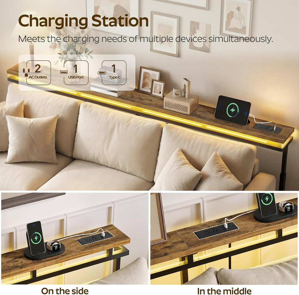 YATINEY 70.9" Behind Couch Table with LED Lights, Narrow Console Table w...