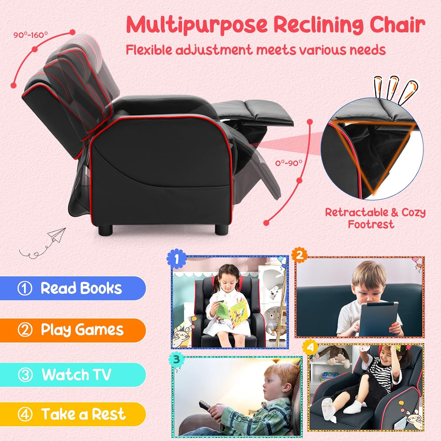 Costzon Kids Recliner, Gaming Recliner Chair w/Side Pockets, Footrest, Headrest & Lumbar Support for Kids Room & Play Room, Adjustable Racing Style Leather Sofa for Children Boys Girls (Red, Black)