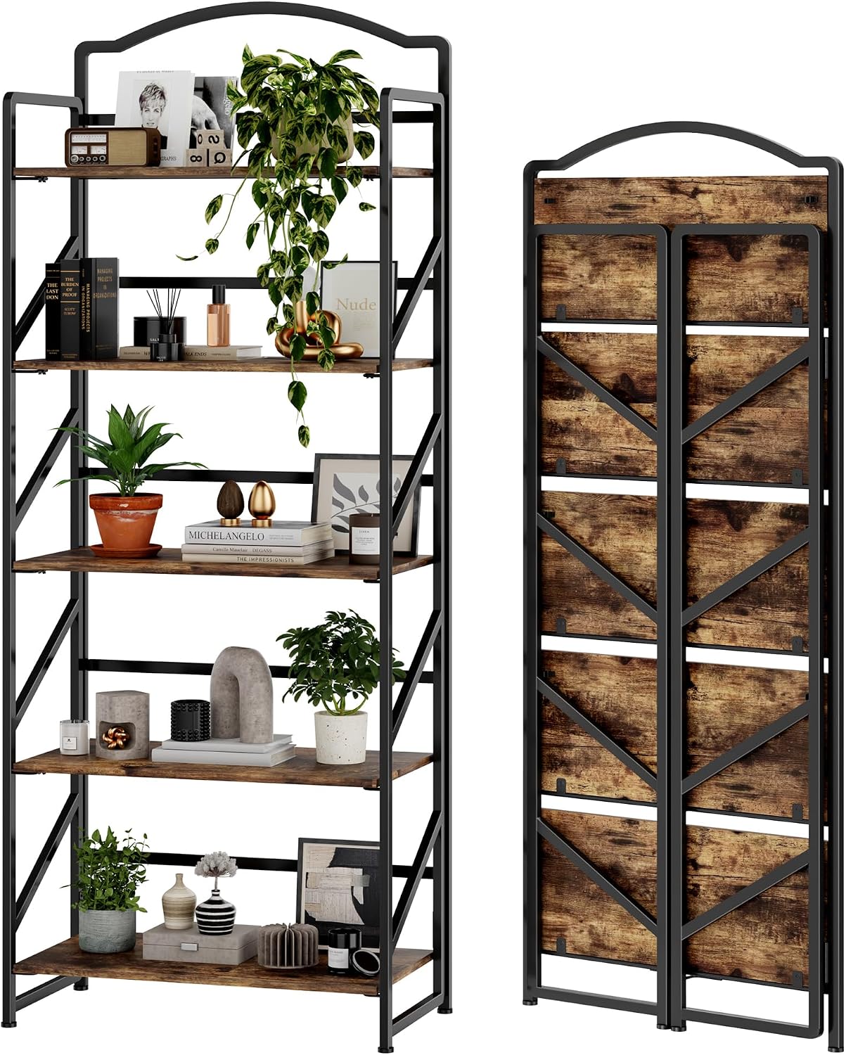 No Assembly Folding Bookshelf for Living Room,Semicircle Collapsible Book Shelf for Home Office, Portable Bookcase Storage Organizer Rack Shelves