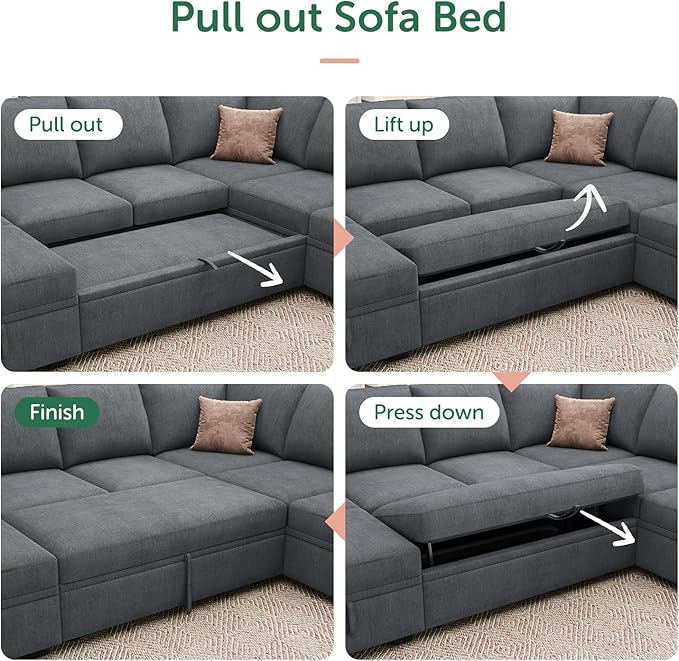 HONBAY Modular Sectional Couch with Pull Out Bed, Chenille Sleeper Sofa with Storage Seats Ottoman, U Shaped Sectional Couches for Living Room, Bluish Grey