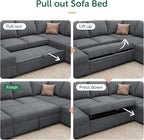 HONBAY Modular Sectional Couch with Pull Out Bed, Chenille Sleeper Sofa with Storage Seats Ottoman, U Shaped Sectional Couches for Living Room, Bluish Grey