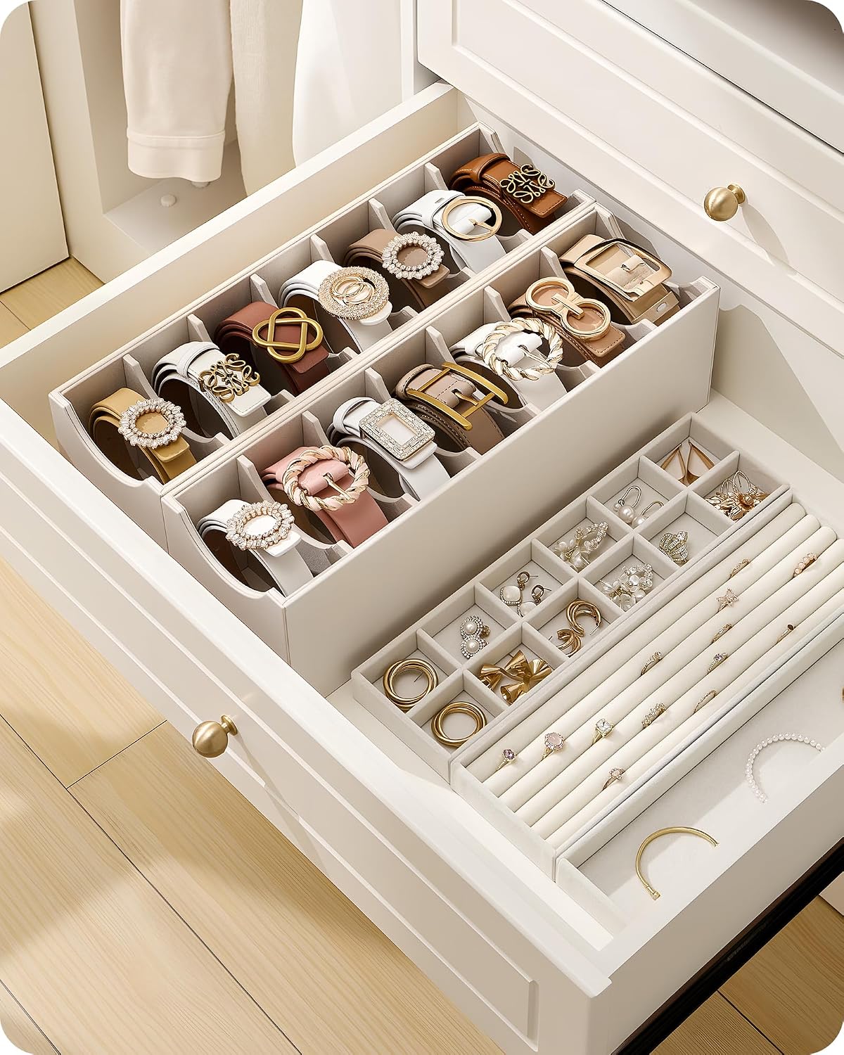 Lolalet 7 Compartments Belt Organizer, PU Leather Belt Holder with Soft Lining, Extra-Wide Slots for Women, Fits Drawer, Closet & Entryway Cabinet -1 Pack, Cream