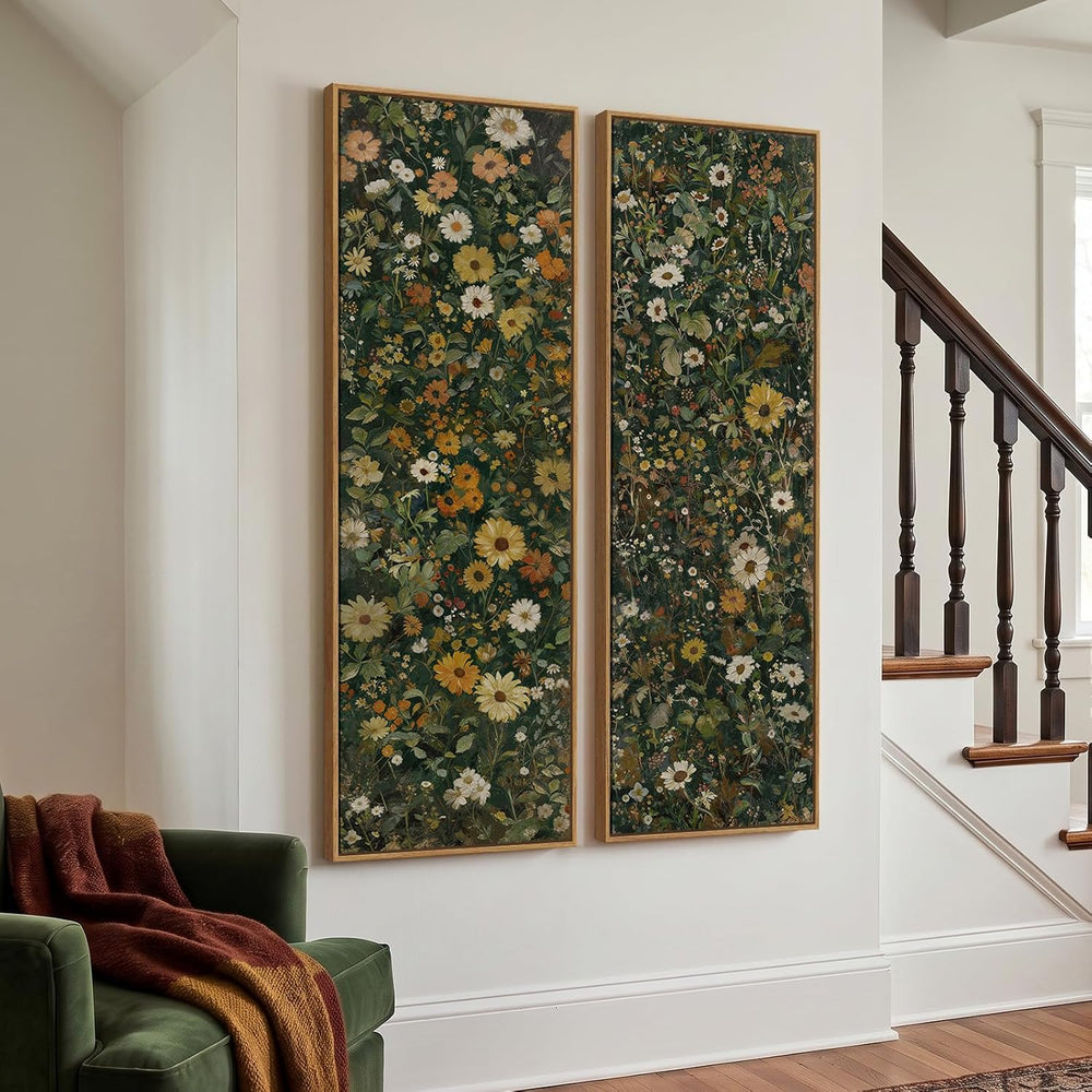 Large Framed Vintage Long Narrow Floral Wall Art for Living Room, 60x20 In