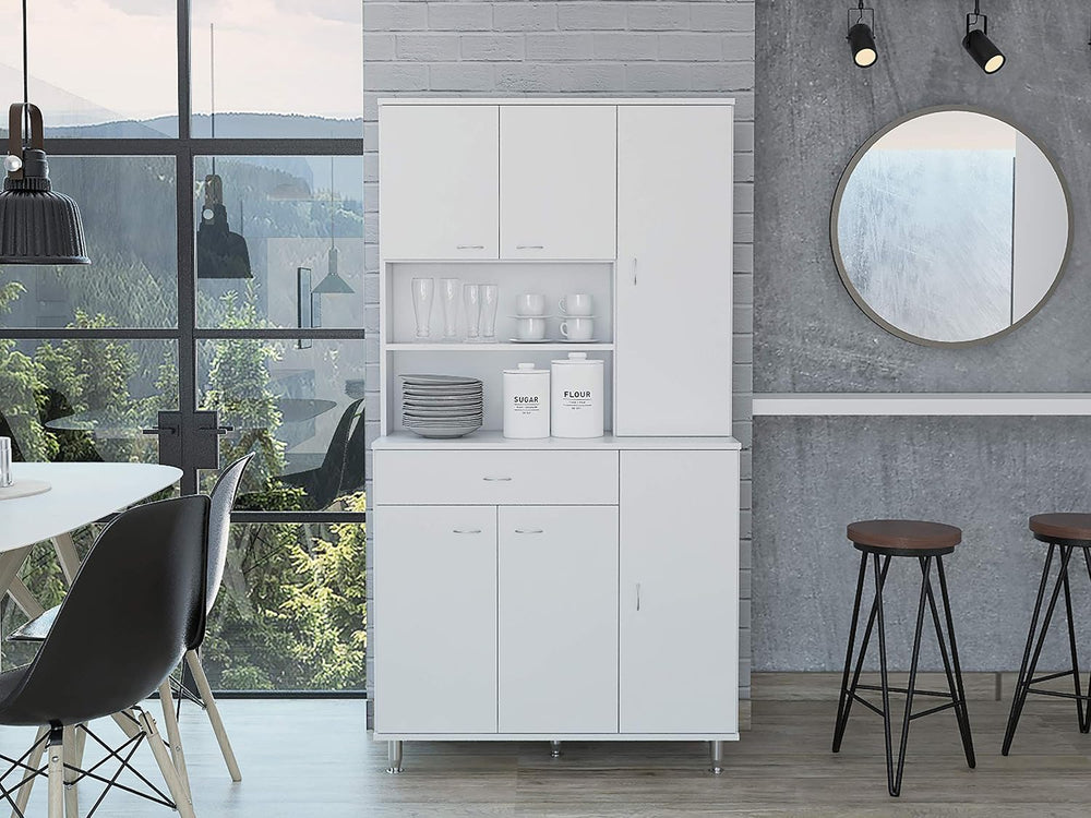 90 Kitchen Pantry Cabinet, Two Open Shelves, One Drawer, Multiple Cabinets, W...