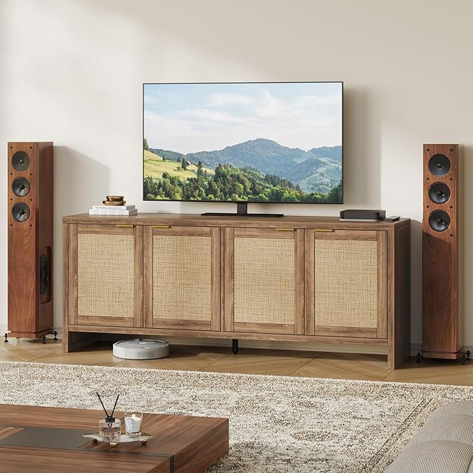 61.5" Rattan TV Stand for TVs up to 65 Inch, 4-Door Boho Entertainment Center with Reinforced Storage Shelf, Modern Media Console & Storage Cabinet for Living Room, Bedroom, Walnut