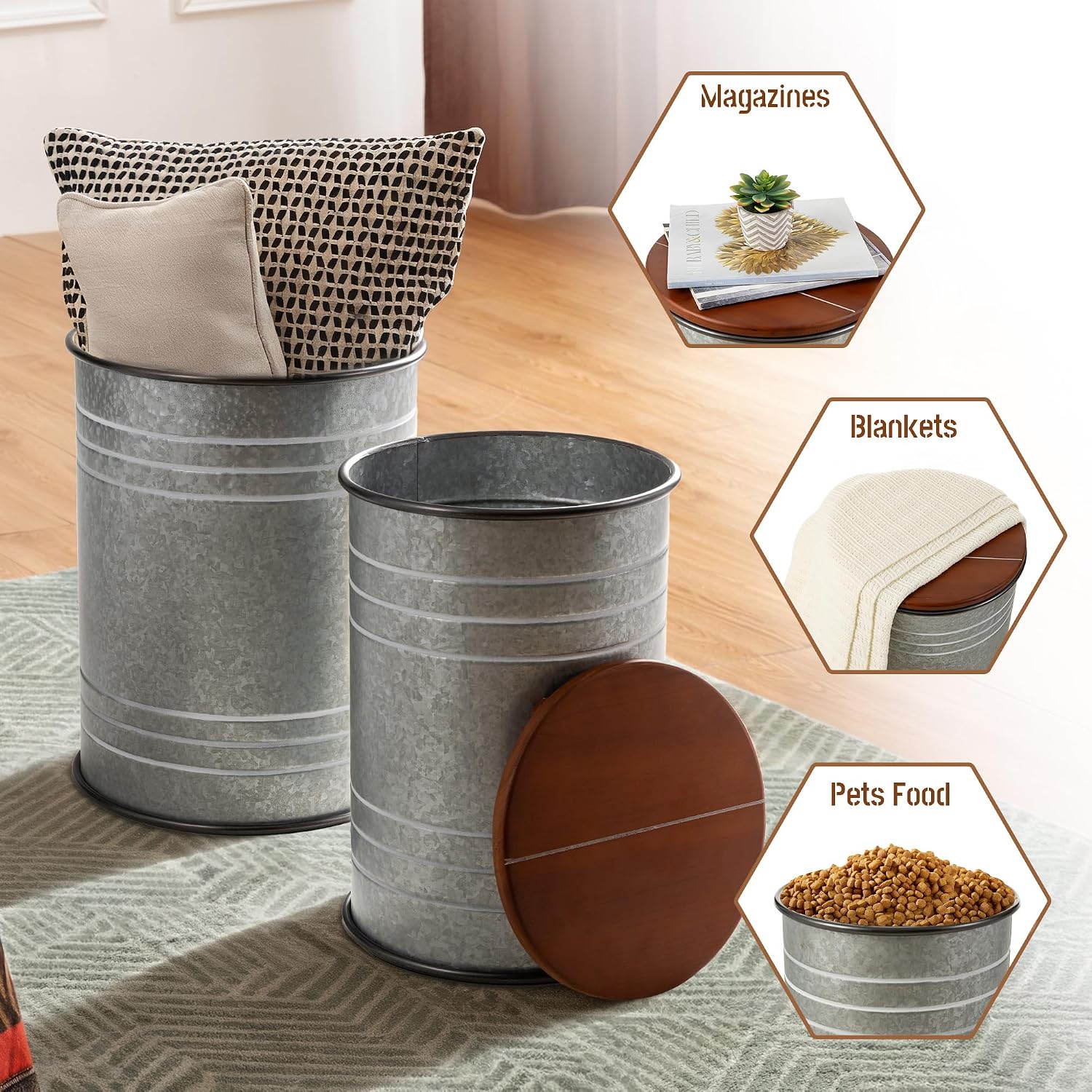 Glitzhome Nesting Tables for Living Room, Round Coffee Tables Set of 2, Metal Farmhouse Small Accent End Table with Storage and Lid for Bedroom Office Plant Stander, Grey