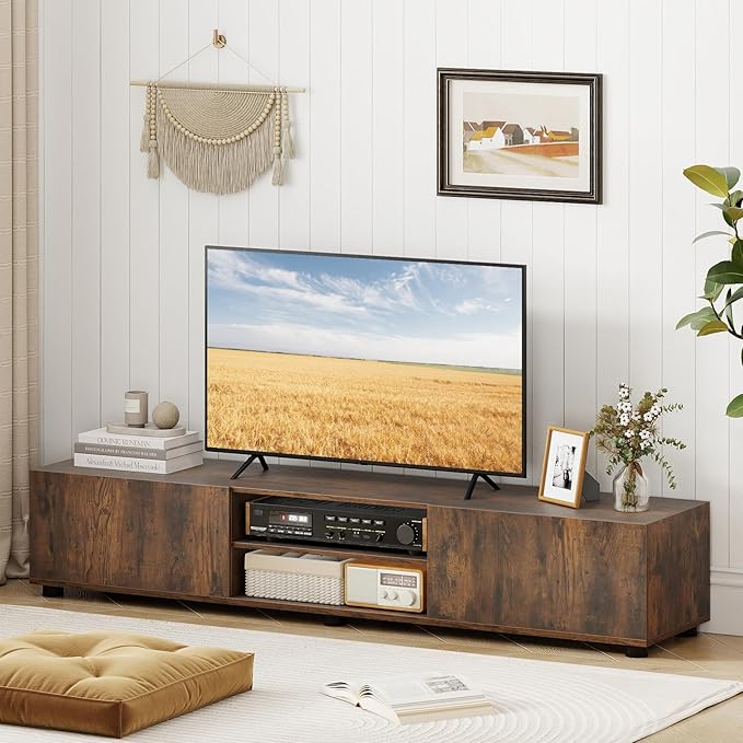 Tangkula Modern TV Stand for up to 70” TVs, 63”L Minimalist Entertainment Center w/ 2 Doors & Open Shelves, Media Console Table Storage Cabinet with 6 Support Feet for Living Room (Rustic Brown, 63”L)