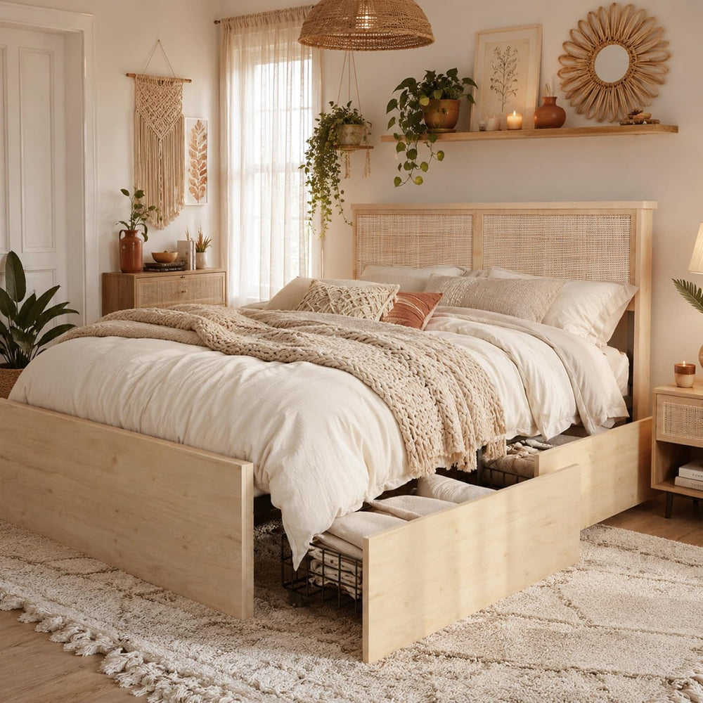 Brafab Natural Rattan King Bed Frame with Headboard, 4 Storage Drawers