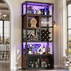 82.6" Tall Bar Cabinet with Power Outlets, 6-Tiers Reversible Wine Cabinet with LED Lights, Glass Holder & Wine Rack, Liquor Storage Cabinet Coffee Bar Station for Dining Living Room, Rustic Brown