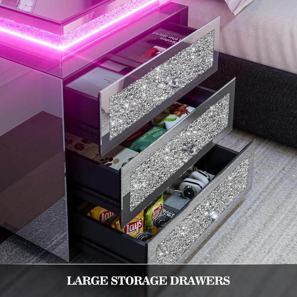 IKIFLY Mirrored Nightstand with Wireless Charging Station, Modern LED Side Ta...