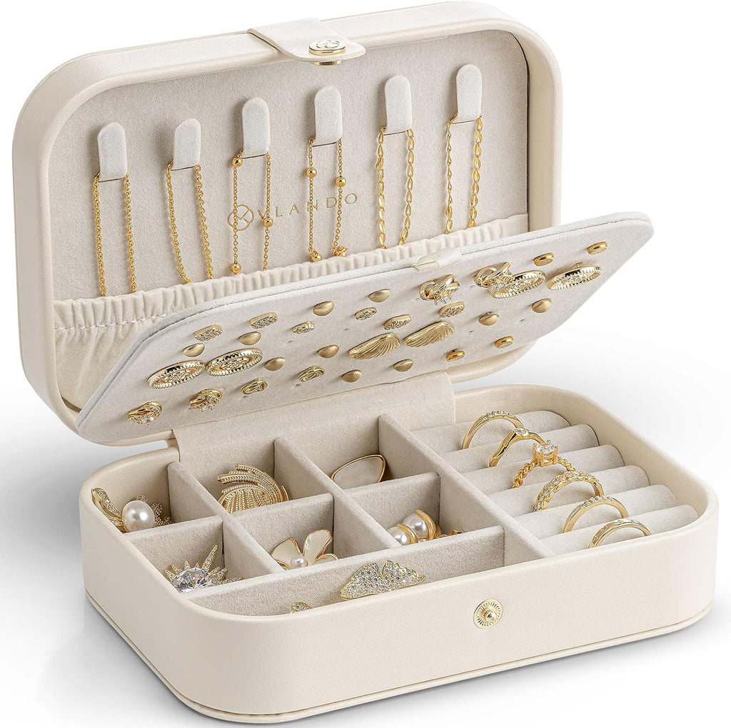 VLANDO Travel Jewelry Case for Women Girls, Gifts for Mother, PU Leather Small Jewelry Box for Rings, Necklaces, Bracelets, Earring Holder Organizer Storage for Travel Essentials - Beige