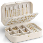 VLANDO Travel Jewelry Case for Women Girls, Gifts for Mother, PU Leather Small Jewelry Box for Rings, Necklaces, Bracelets, Earring Holder Organizer Storage for Travel Essentials - Beige