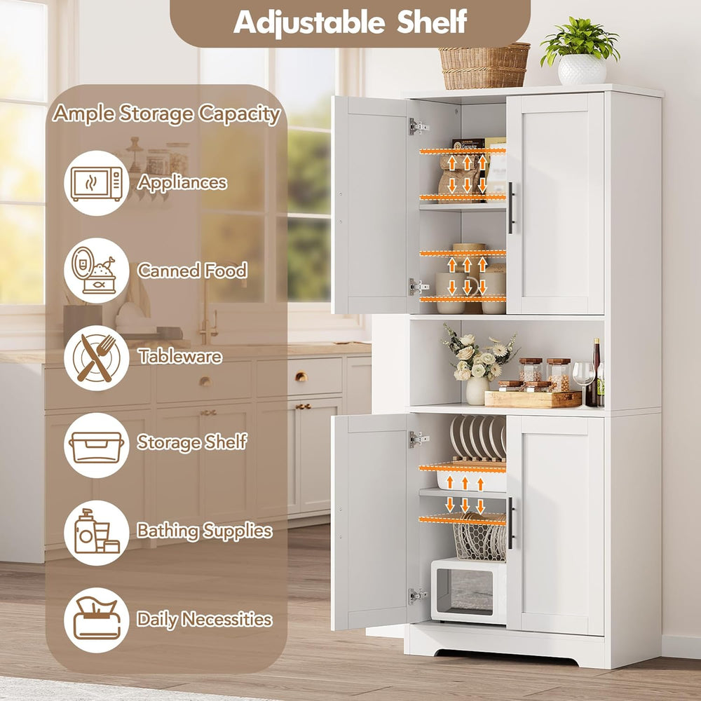 Kitchen Pantry Cabinet, 70in Tall White Storage Cupboard with Doors and Adjus...