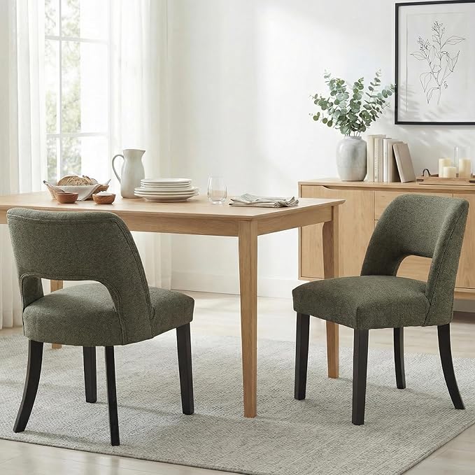 keoni Wooden Dining Chairs Set of 2, Mid Century Modern Upholstered Dining Room Chairs with Black Wood Legs, Fabric Farmhouse Kitchen Chairs with Foot Pegs for Dining Room, Green