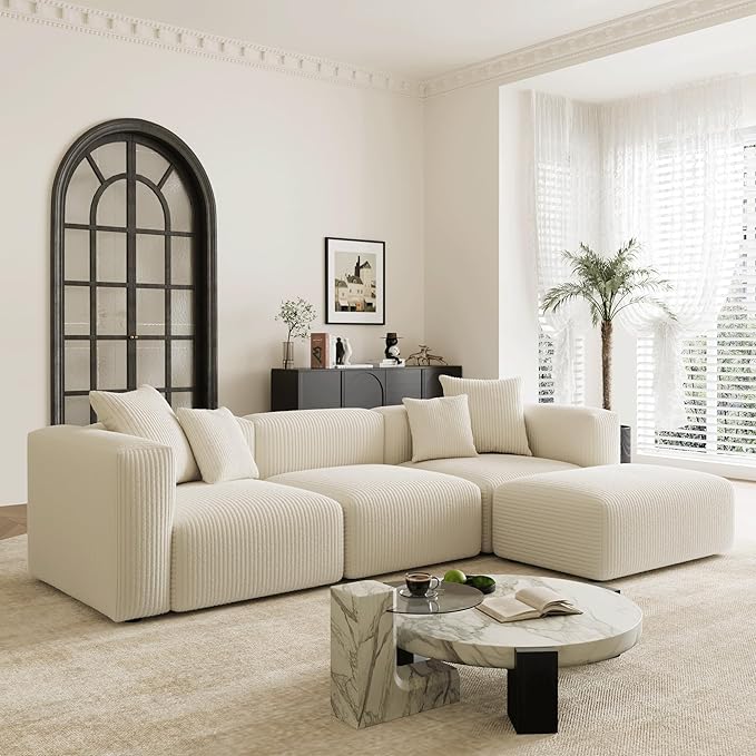 Acanva Convertible Modular Sectional Sofa with Movable Ottomans, Free Combination Corduroy Couch for Living Room Apartments, L-Shaped, White