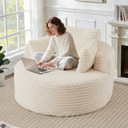 50'' Oversized Round Chaise Longue Chair, Upholstered Corduroy Single Cloud Circle Sofa Chair Comfy Deep Seat Boneless Couch Bed No Assembly Required for Living Room, Bedroom Apartment, Beige