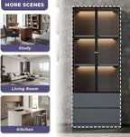 Modern Grey Lighted Glass Display Cabinet with Two Drawers, Dining China Hutch with 3 Tiers Storage Shelves, Wooden Curio Display Showcase for Living Room Kitchen (A-23'' Glass Cabinet)