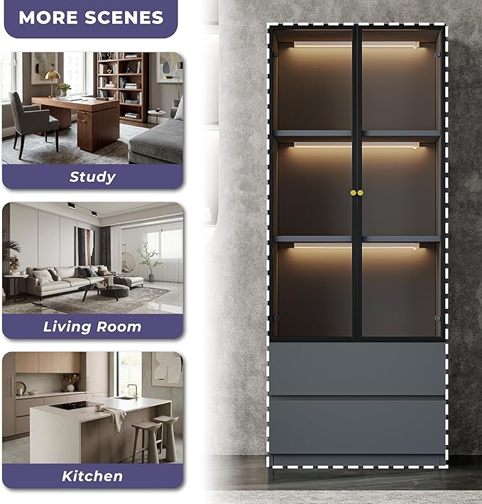 Modern Grey Lighted Glass Display Cabinet with Two Drawers, Dining China Hutch with 3 Tiers Storage Shelves, Wooden Curio Display Showcase for Living Room Kitchen (A-23'' Glass Cabinet)