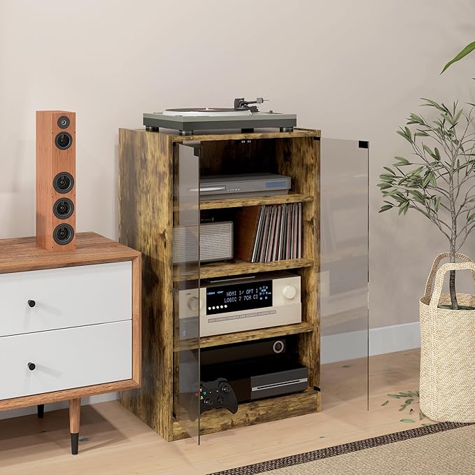 HOMCOM Media Cabinet, 4-Tier Stereo Cabinet for Vinyl Record Player, Gaming Console, AV Record Player Stand with Adjustable Shelves, Push-to-Open Glass Doors and Cable Management, Rustic Brown