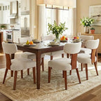 Dining Chairs Set of 6, Mid-Century Modern Upholstered Kitchen Chairs with Curved Backrest and Linen Fabric Seat, Wood Leg Accent Chairs for Dining Room, Living Room, Bedroom, Linen Beige