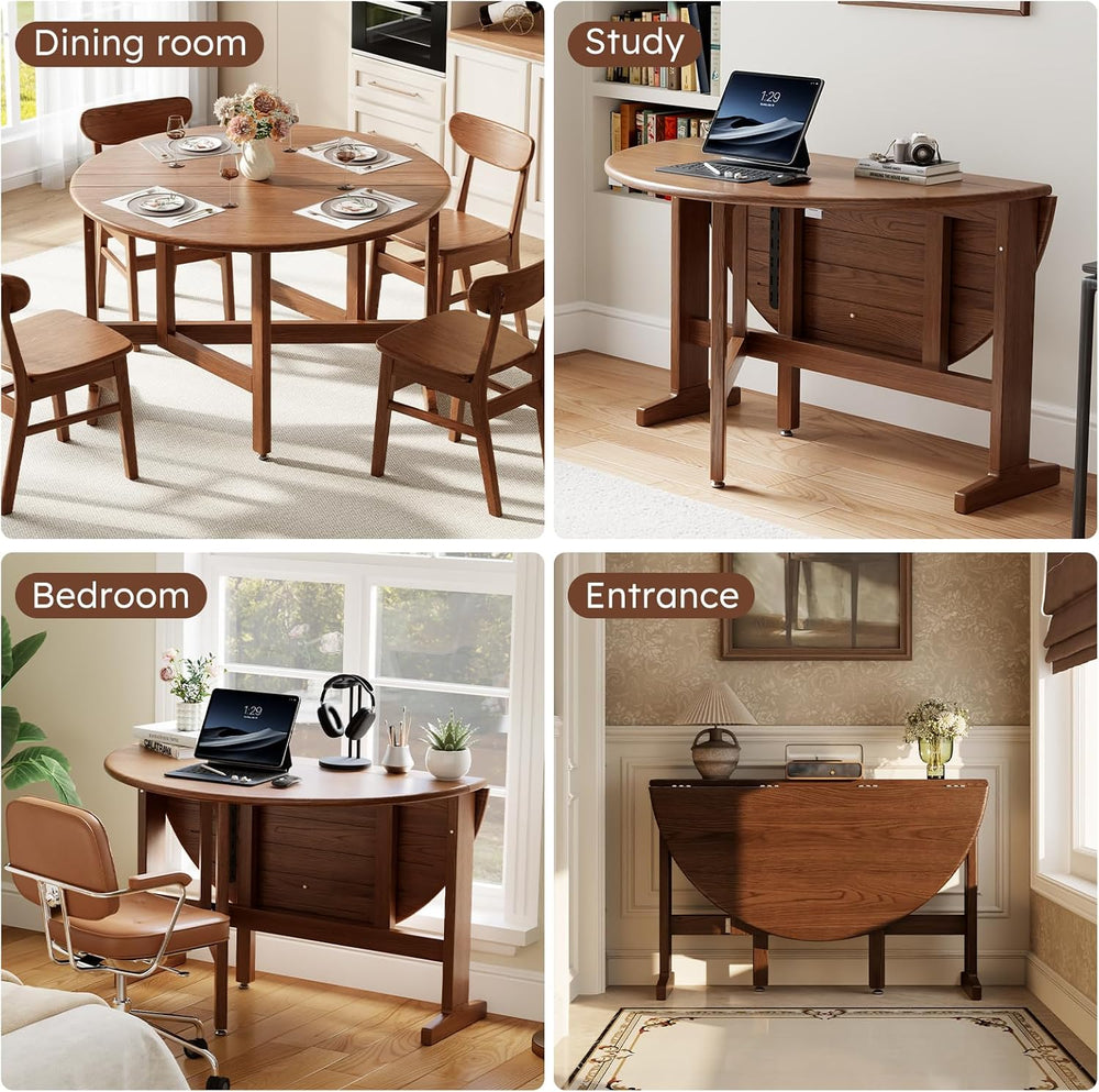 47.2" Solid Wood Small Round Dining Table, 3 in 1 Space Saving Folding D...