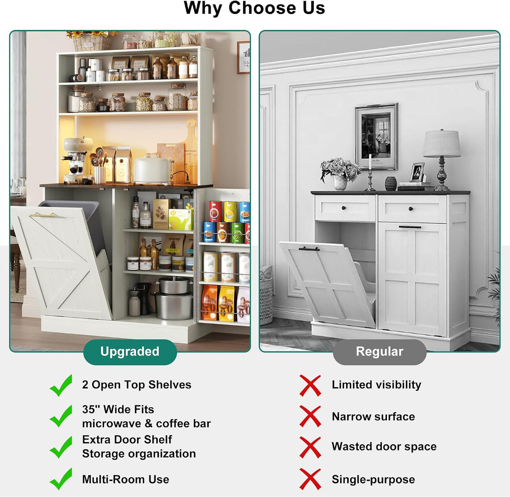 63" H Pantry Cabinets with 10 Gallon Trash Can,Led Light,Outlet,35" W Kitchen Hutch with Tilt Out Trash Can Cabinet,Farmhouse Cupboard with Large Countertop for Living Room,Dining Room,Antique White