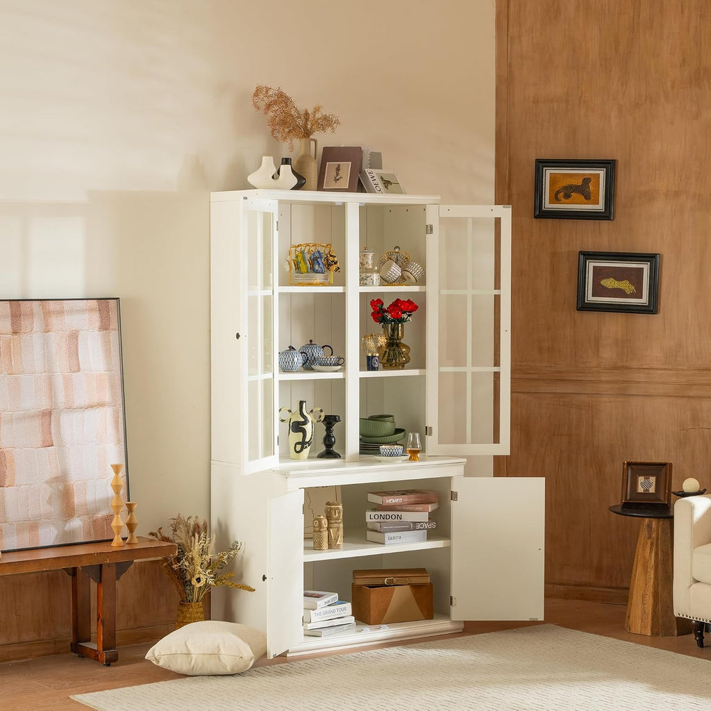 roomfitters Set of Two 75.25'' Pantry Cabinets with Glass Doors, Traditional Hutch Display Cabinet for Living Room and Kitchen, White