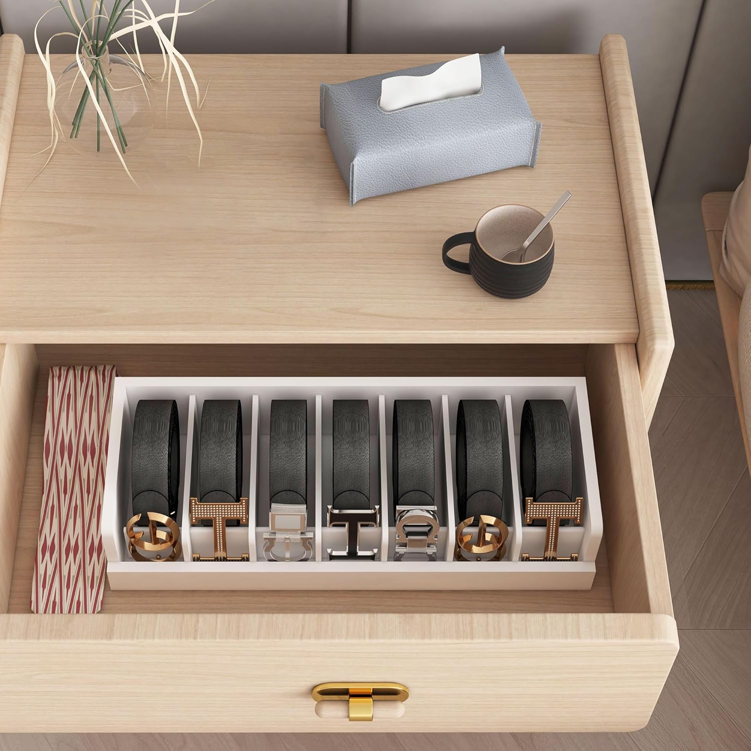 Belt Storage Organizer Box - 7 Grids Bamboo Belt Organizer for Closet | Wooden Belt Tie Hanger Racks for Men Women Drawer | Belt Display Holder Wall Mount with 2 Pcs Tie Clip (White)
