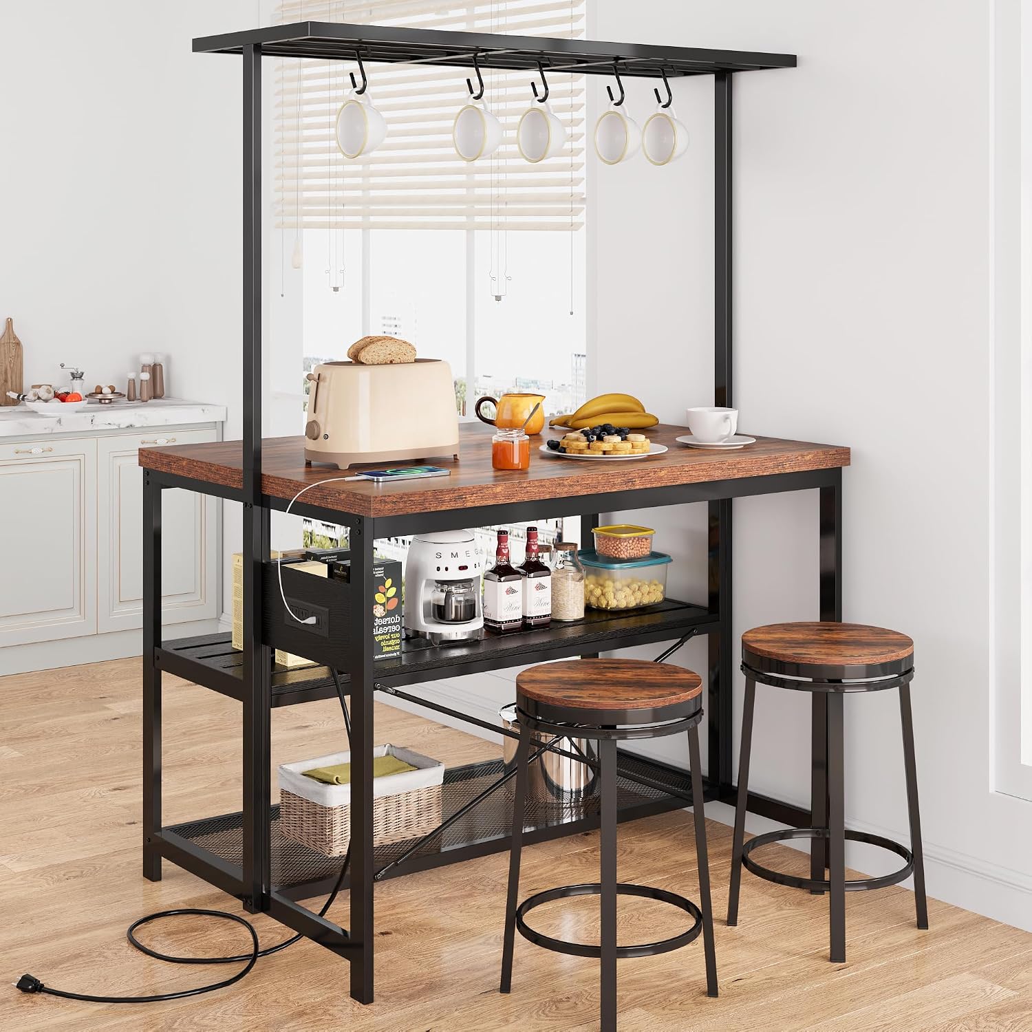 IDEALHOUSE 47" Kitchen Island with Electrical Outlets - Rolling Microwave Stand with 3-Tier Shelves, 5 Hooks & 400lb Capacity (Black & Wood)