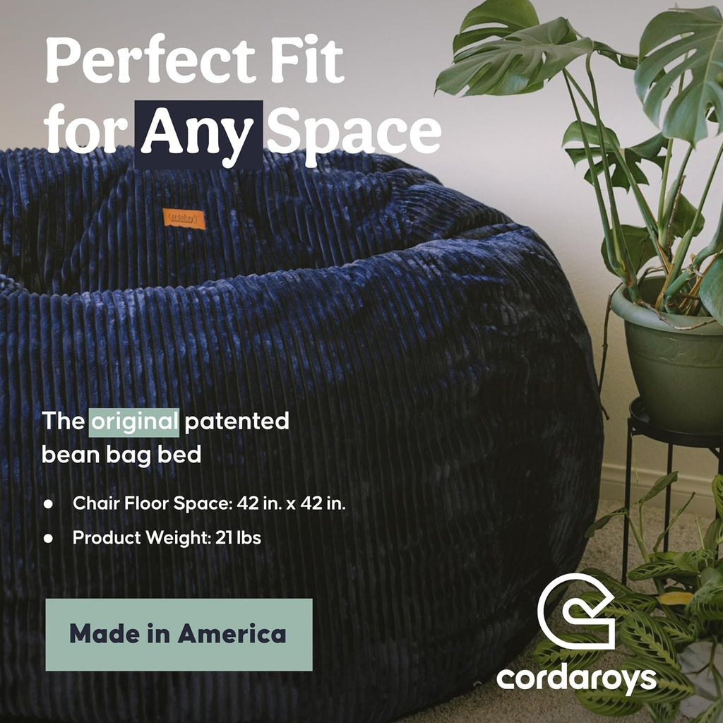 CordaRoy's Plush Bean Bag - Convertible Bean Bag Chair - Machine-Washable Plush Fabric Cover - for Basement, Living Room, Game Room, Dorm & More - Full Size - Indigo | Made in The USA