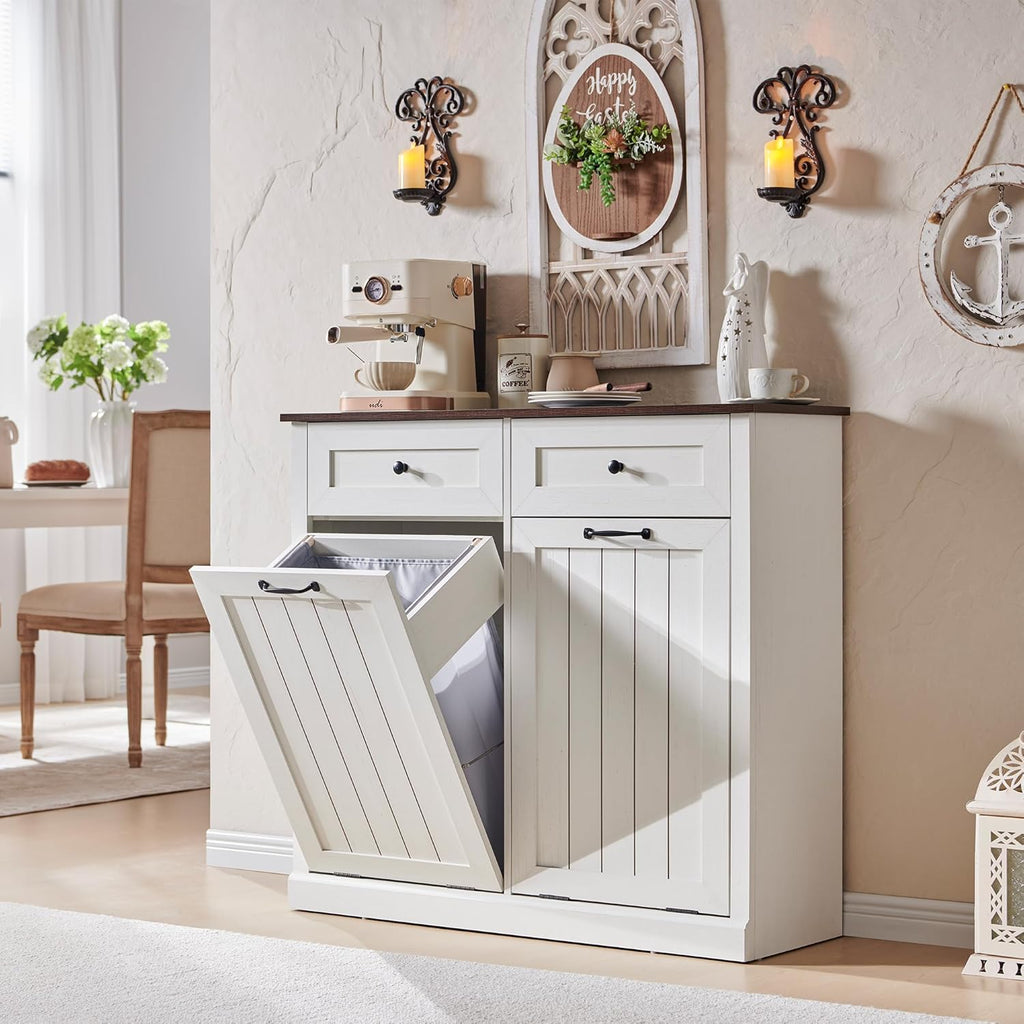 Double Tilt Out Trash Cabinet, 20 Gallon Farmhouse Laundry Hamper Cabinet with 2 Drawers, Hidden Wooden Trash Can Cabinets with Storage Basket for Kitchen, Living Room (Antique White)