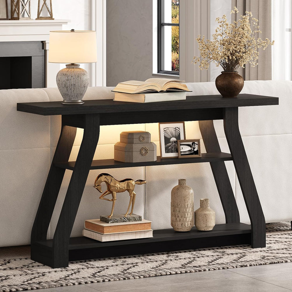 55-Inch Black Entryway Table, Modern Console Tables 3-Tier Couch Table Behind...