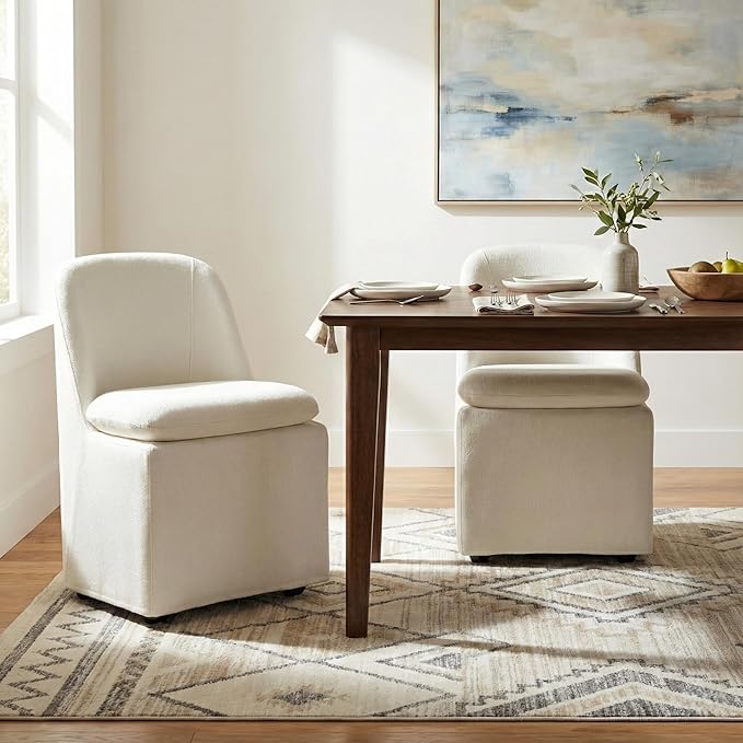 Upholstered Dining Chairs with Casters, Washable Cover Modern Dining Room Chairs with Thick Cushion & Sturdy Metal Frame for Kitchen, Living Room, Dressing Room, Linen Fabric, Set of 2