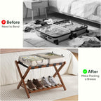 Smart FENDEE Fully Assembled Bamboo Luggage Rack, Walnut Folding Suitcase Stand with Shoe Shelf, Heavy-Duty Luggage Holder for Guest Room Must Haves, Bedroom, Hotel, 1 Pack