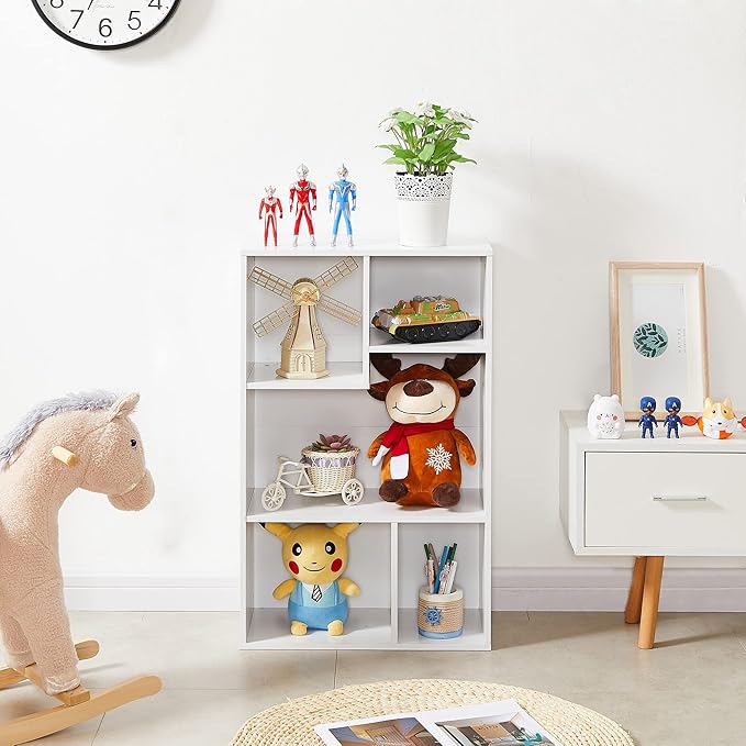 VECELO Small White Bookshelf, 5 Cube Shelf, Fits Tallest Hardcovers, Horizontal Available, Storage Organzier for Home Office, Pearl White